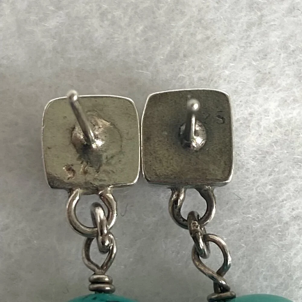 Sterling Silver 925 Southwest Style Beaded Turquoise Square Stud Dangle Earrings